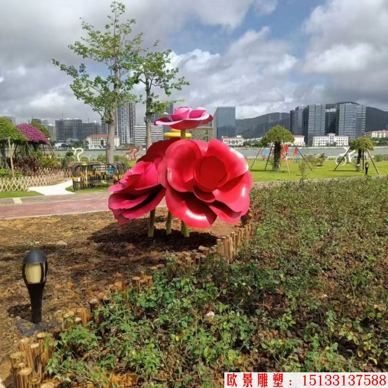 不銹鋼仿真玫瑰花雕塑，公園花朵雕塑5