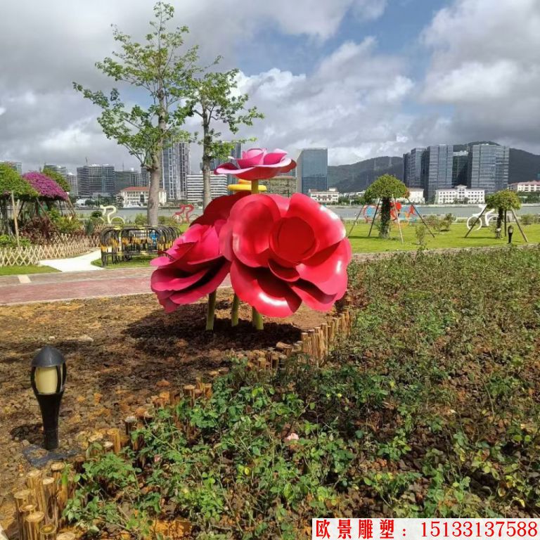 不銹鋼仿真玫瑰花雕塑，公園花朵雕塑7